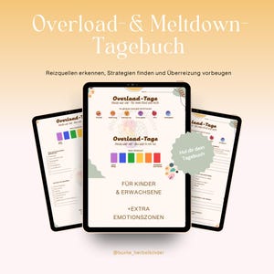 Könnte beinhalten: Ein digitales Tagebuch mit dem Titel Overload- & Meltdown-Tagebuch auf drei Tablet-Bildschirmen. Die Seiten enthalten Abschnitte zur Erfassung von Emotionen, Reizquellen und täglichen Erfahrungen für Kinder und Erwachsene mit Farbskalen.