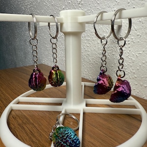 Può includere: Cinque portachiavi a forma di cervello arcobaleno iridescente appesi a un espositore in metallo bianco. I portachiavi sono attaccati a catene e anelli argentati.