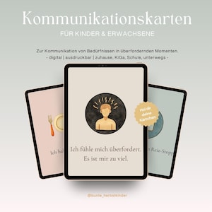 Könnte beinhalten: Ein digitales Tablet mit Kommunikationskarten für Kinder und Erwachsene. Auf dem Bildschirm ist eine zentrale Karte mit einem Personen-Symbol und dem Text 'Ich fühle mich überfordert. Es ist mir zu viel.' zwischen zwei weiteren Karten zu sehen.