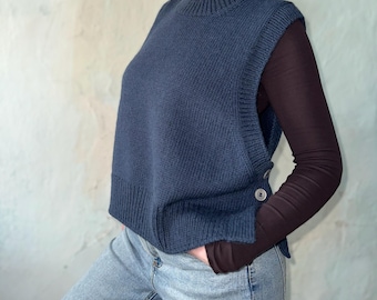 Colete de lã de alpaca feito à mão: suéter feminino de malha índigo
