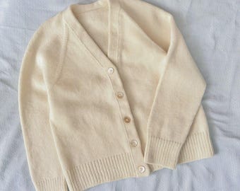 Hand Knit Merino Wool Cardigan: Cream White V-Neck Sweater, Mother of Pearl Buttons