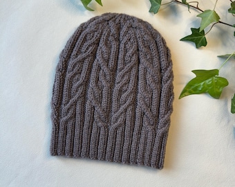 Hand-Knitted Merino Wool Beanie: Aran Cable Knit Slouchy Hat