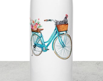 Chicken in Bike Basket Stainless Steel Water Bottle, Leakproof, Screw-top Cap, Double Wall 17oz Insulated | Hen on Vintage Bicycle