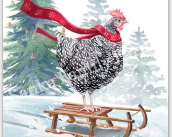 Sledding Chicken Christmas Card Set Barred Rock Hen on Sled w/ Red Scarf Funny Cute Holiday Paper Greeting Cards | 100% Proceeds to Charity