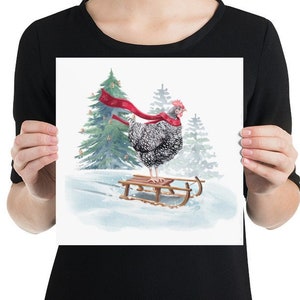 Chicken on a Sled Christmas Art Print | Holiday Winter Poster of Sledding Hen in Snow | Barred Rock Chicken Farmhouse Decor