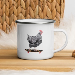 Skateboarding Chicken Enamel Mug Camping Cup right left handed Barred Rock Hen Holiday Gift White Camp Farmhouse Decor | Proceeds to Charity