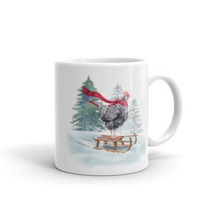 Sledding Chicken Mug | Christmas Holiday Coffee Cup | White Ceramic right left handed Barred Rock Hen on Sled | 11 oz 15 ounce Funny Gift