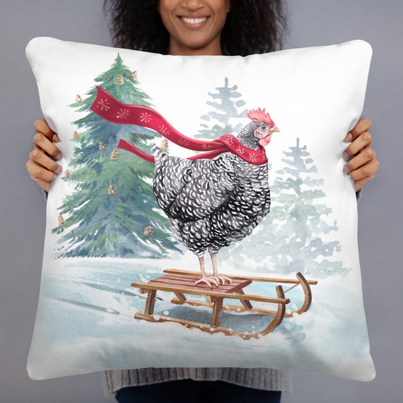Throw Pillow Sledding Chicken With Scarf Christmas Decor Cute