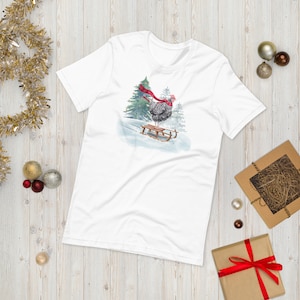 Authentic Sledding Chicken Christmas Shirt | Short Sleeve Adult Womens Mens T-Shirt | Funny Hen on Sled Cute Holiday Tee