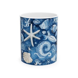 Ocean Waves Ceramic Mug, Beach Sea Drinkware Cup, Coastal Theme Tea Coffee Mug, Nautical Decor Cup, Blue Ocean Print Mug, Summer Seaside