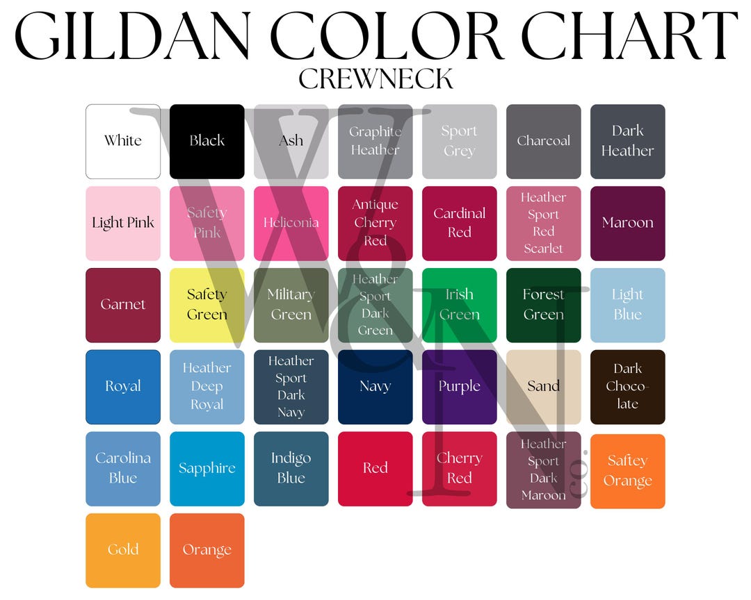 Gilden 18000 Color Chart, Gilden Color Guide, Sweatshirt Color Chart