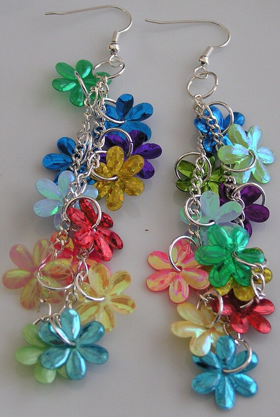 Items similar to Sequin Earrings, flower earrings, long sequin earrings