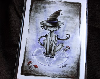 5x7 Fantasy Art Print Spell Cat Wizard Cat Watercolor Art