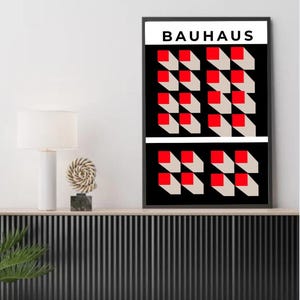 Bauhaus Abstract Wall Art Black Arc and Red Geometric Shapes Modern Graphic Print