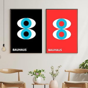 Bauhaus Double Eye Wall Art Set of 4 – Red, Green and Black Abstract Posters – Minimalist Geometric Design – Modern Digital Download