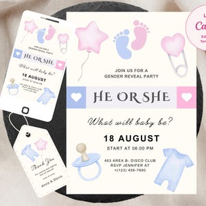 Modèle d'invitation à révéler le sexe | Evite de révélation de genre modifiable | Faire-part bébé numérique | Carte Evit imprimable à téléchargement immédiat