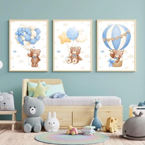 Set of 3 Teddy bear nursery wall art print| Bear nursery Decor| Bear ,Moon, ballon| Nursery child Kids Decor| Baby neutral print| Neutral