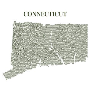 Könnte beinhalten: Eine Linienkunst-Illustration des Bundesstaates Connecticut. Die Illustration ist in Grün- und Weißtönen gehalten.