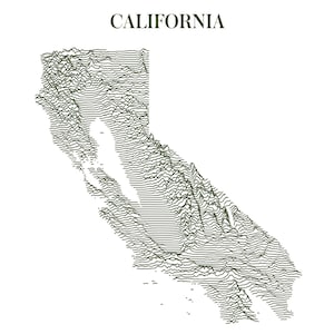 Könnte beinhalten: Topografische Karte von Kalifornien in Olivgrün auf weißem Hintergrund. Der Schriftzug "CALIFORNIA" steht darüber. Die Karte zeigt detailliert die Geländestruktur des Bundesstaates.