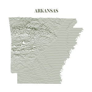Könnte beinhalten: Eine Schwarzweiß-Linienzeichnung des Bundesstaates Arkansas. Der Name des Bundesstaates ist in Großbuchstaben über der Illustration geschrieben.