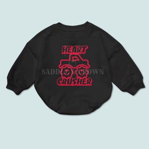 Heart Crusher Monster Truck Valentine’s Day Shirt – Cool Boys Valentine Outfit – Kids T-Shirt, Onesie, Bubble Romper or Sweatshirt