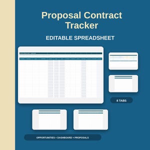May include: A digital spreadsheet template titled "Proposal Contract Tracker" with the text "Editable Spreadsheet." The design features a large white spreadsheet with multiple tabs and smaller previews, set against a dark blue background.
