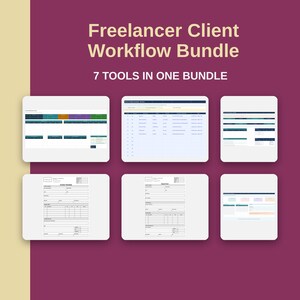 May include: A digital product bundle titled "Freelancer Client Workflow Bundle" with the text "7 TOOLS IN ONE BUNDLE". The image displays six white rectangular documents with various layouts, including charts, tables, and forms, set against a burgundy background.