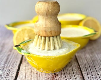 Lemon Solid Dish Soap with Brush and Ramekin, Natural Zero Waste Dishwashing Bar, Essential Oils Scented