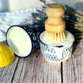 Solid Dish Soap with Brush and Ramekin, Natural Zero Waste Dishwashing Bar, Essential Oils Scented