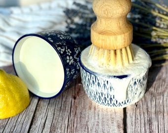 Solid Dish Soap with Brush and Ramekin, Natural Zero Waste Dishwashing Bar, Essential Oils Scented