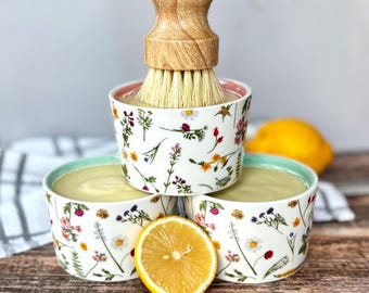 Solid Dish Soap with Brush and Ramekin, Large 8oz Natural Zero Waste Dishwashing Bar, Essential Oils Scented