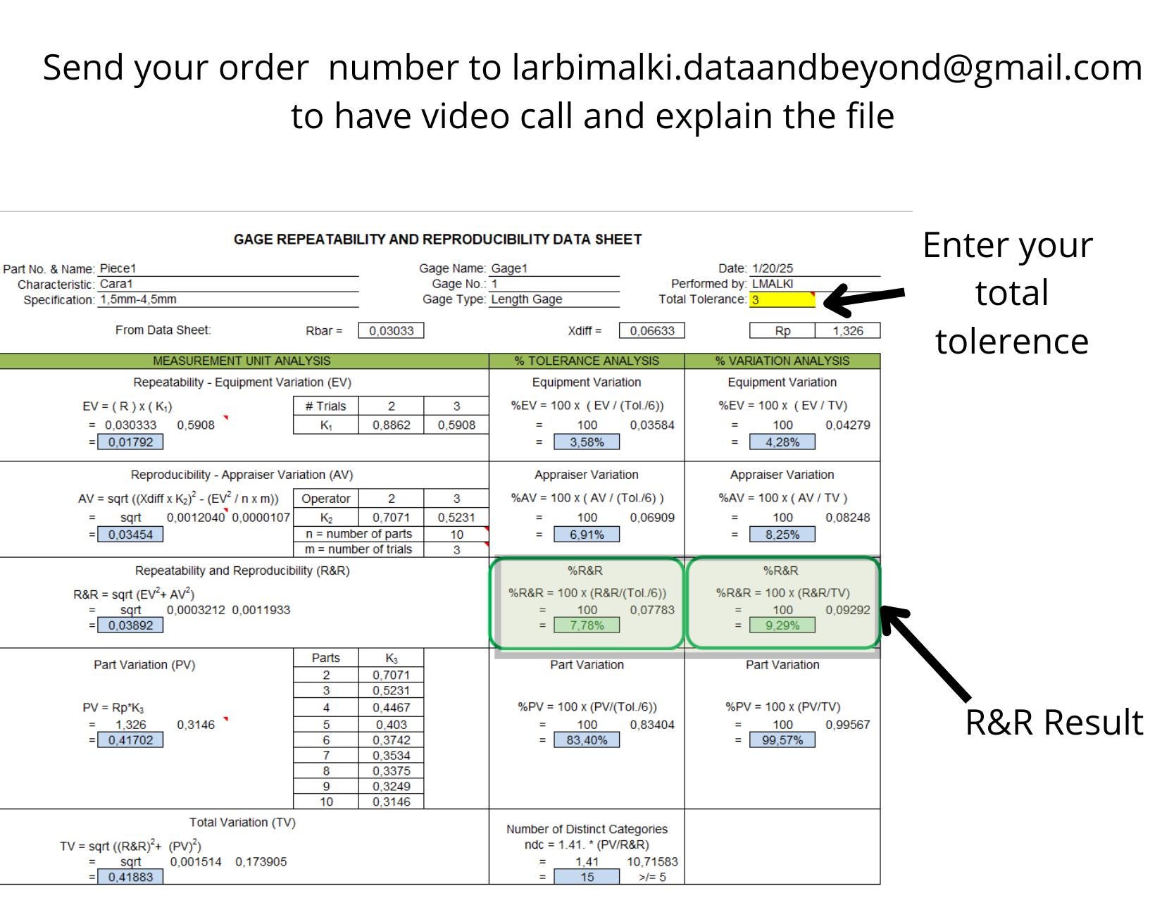 R&R Excel Template - Professional Repeatability Reproducibility ...