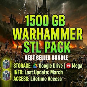 以下が含まれることがあります： 1500 GB Warhammer STLパックのデジタル製品広告。画像は、城と稲妻のあるファンタジーバトルシーンを特徴としています。「Best Seller Bundle」と「Lifetime Access」のテキストが含まれています。
