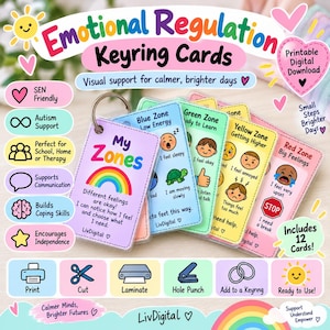 Puede incluir: Un conjunto de doce tarjetas de llavero de regulación emocional en un anillo de metal. Cada tarjeta presenta texto e ilustraciones que representan diferentes zonas emocionales, incluyendo azul, verde, amarillo y rojo, con instrucciones de uso.