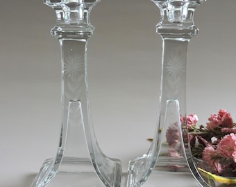 Vintage Etched Flower Design Clear Glass Candlestick Holders