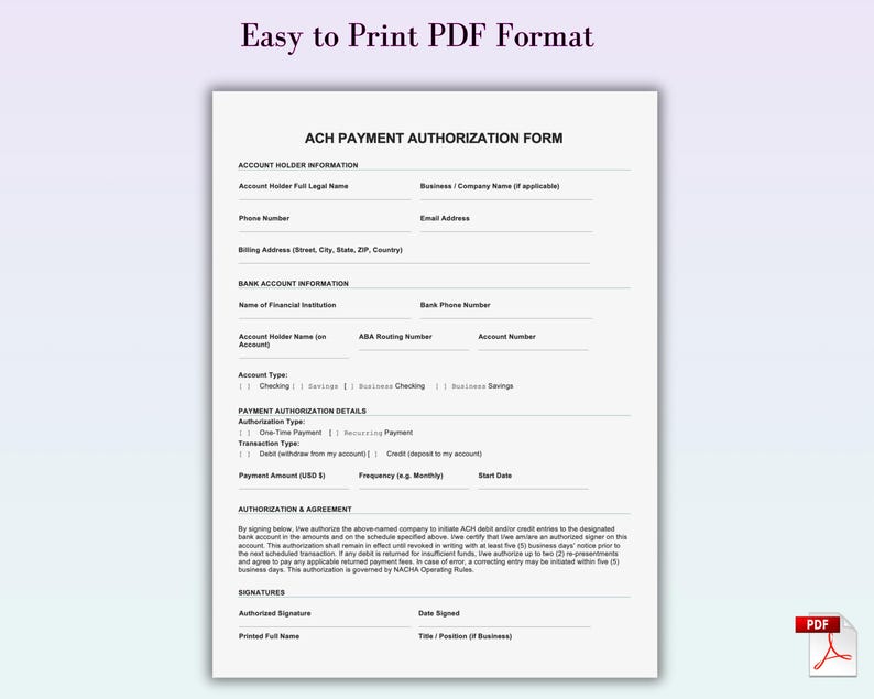 ACH Authorization Form Template Editable | ACH Debit Authorization ...