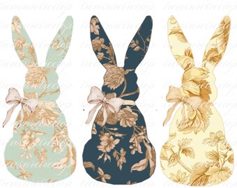 Light Blue Floral Toile Easter Bunny png, Vintage Blue Grand Millennial Easter Png, Floral Chinoiserie Bunny Png, Easter Design Coquette.