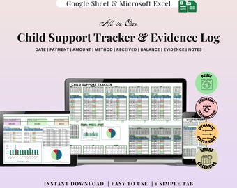 ALL IN ONE Child Support Tracker and Evidence Log – 12-Month Court-Ready Spreadsheet for Payments, Expenses & Legal Records | Easy 1 Page