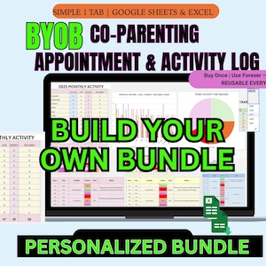 Puede incluir: Un registro digital de citas y actividades de coparentalidad que se muestra en la pantalla de una computadora portátil. La pantalla muestra gráficos, gráficos y tablas para el seguimiento de citas y actividades. El texto incluye "Build Your Own Bundle" y "Personalized Bundle."