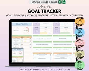 Hoja de cálculo de seguimiento de objetivos digitales / Planificador de objetivos y seguimiento de hábitos / Planificador de productividad / Descarga de Excel y Hojas de cálculo de Google