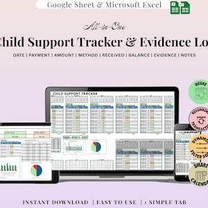 logboek kinderbijslag en bewijsmateriaal: meerdere jaren, kleurgecodeerde spreadsheet van 12 maanden voor betalingen, onkosten en juridische gegevens | Gemakkelijk 1 pagina