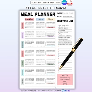May include: A printable meal planner with a weekly layout, including sections for breakfast, lunch, and dinner, along with a shopping list. The planner is designed for the week of January 1st to 7th and includes a goal of four workouts. A black and gold pen rests on the right side.