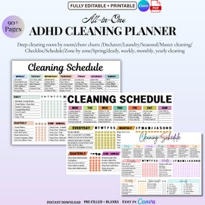ADHD Cleaning Planner Bundle | 80+ Editable Checklists & Schedules | Declutter Challenge, Chore Chart, Deep Cleaning Cards | Canva | PDF
