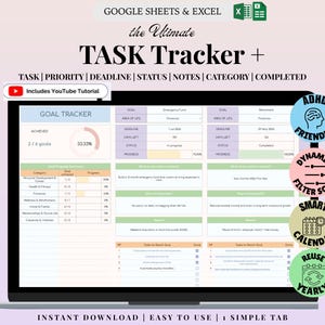 Hoja de cálculo de seguimiento de tareas digitales / Seguimiento de tareas y hábitos / Planificador de productividad / Descarga de Excel y Google Sheets imagen 1