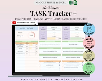 Digital Task Tracker Spreadsheet | Task and Habit Tracker | Productivity Planner | Excel & Google Sheets Download