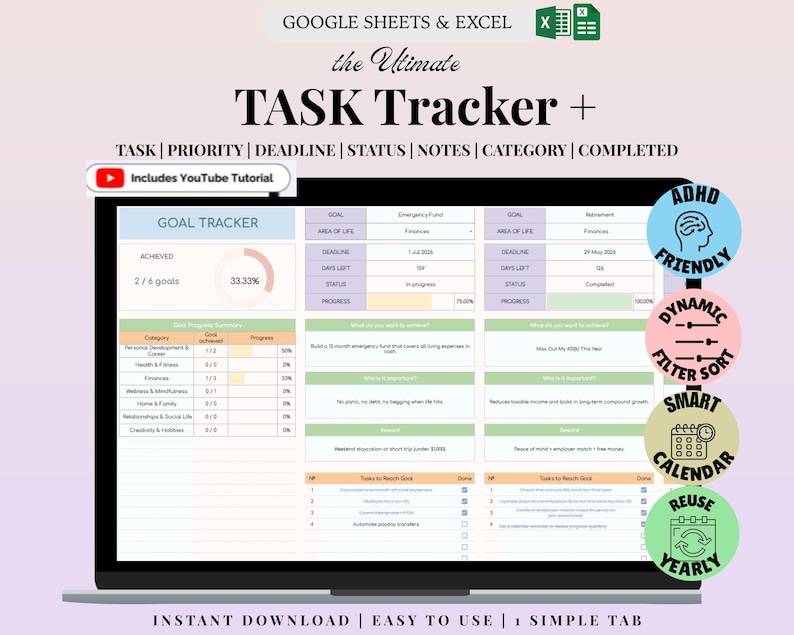 Hoja de cálculo de seguimiento de tareas digitales / Seguimiento de tareas y hábitos / Planificador de productividad / Descarga de Excel y Google Sheets imagen 1