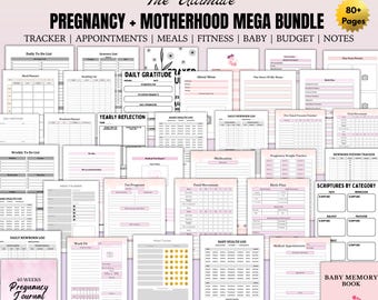 Puede incluir: Un paquete digital de planificadores para el embarazo y la maternidad con más de 80 páginas de plantillas imprimibles, incluyendo rastreadores, menús, registros de fitness, salud del bebé y presupuestos en tamaños A4, A5 y US Letter.