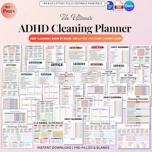 ADHD Cleaning Planner Bundle | 80+ Editable Checklists & Schedules | Declutter Challenge, Chore Chart, Deep Cleaning Cards | Canva | PDF