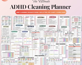 ADHD Cleaning Planner Bundle | 80+ Editable Checklists & Schedules | Declutter Challenge, Chore Chart, Deep Cleaning Cards | Canva | PDF