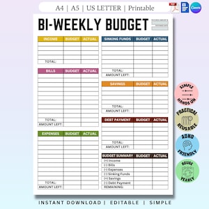 Pianificatore di budget bisettimanale stampabile / Modello di busta paga / Tracker di fondi di risparmio / Foglio di lavoro per la valanga di debiti / Mensile modificabile / Tracker digitale